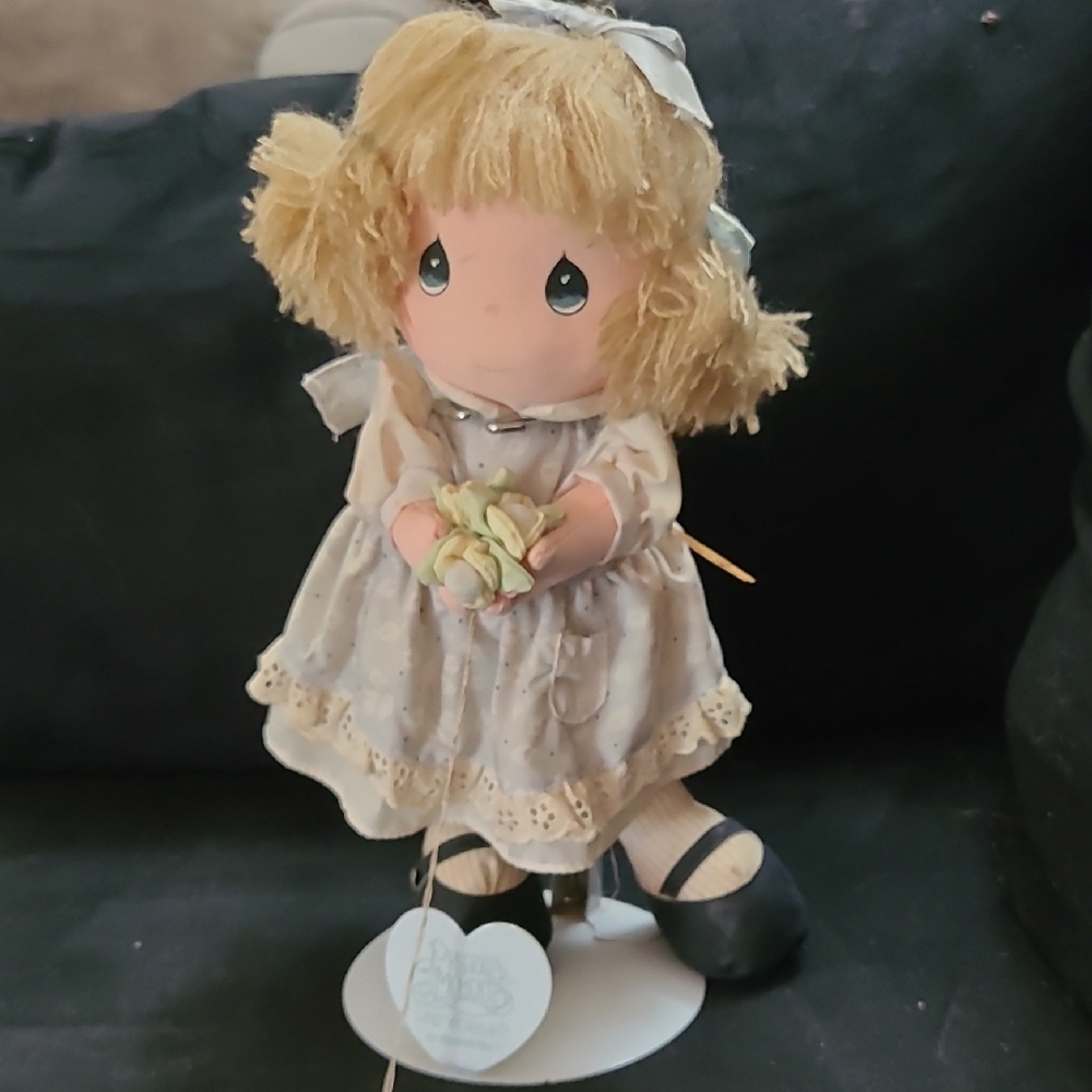 Precious Moments Doll with Blonde Hair and Blue Dress